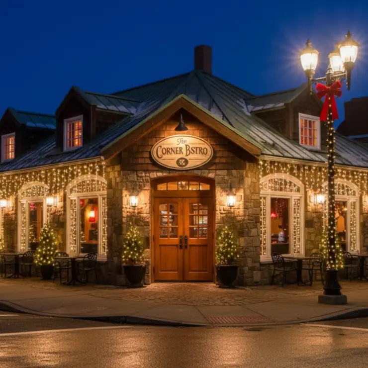 A warmly lit, rustic dining room inside Restaurant, showing wooden tables, stone walls, and a large fireplace.