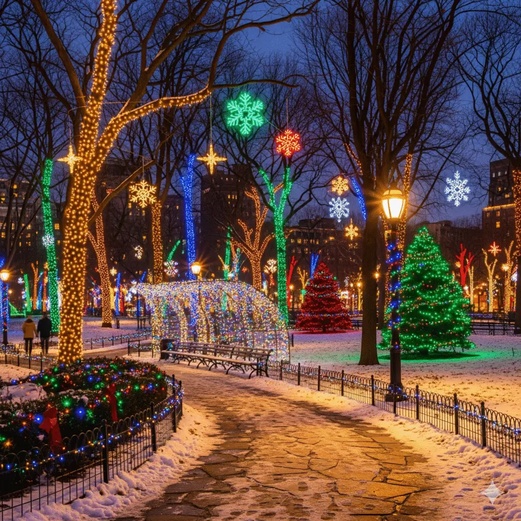 A festive Christmas decoration park with colorful wreaths, garlands, and ornaments visible on trees and lampposts under a clear sky.