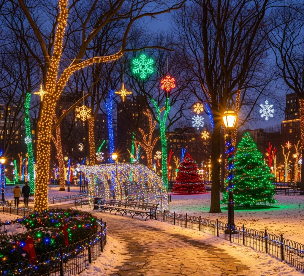 A festive Christmas decoration park with colorful wreaths, garlands, and ornaments visible on trees and lampposts under a clear sky.
