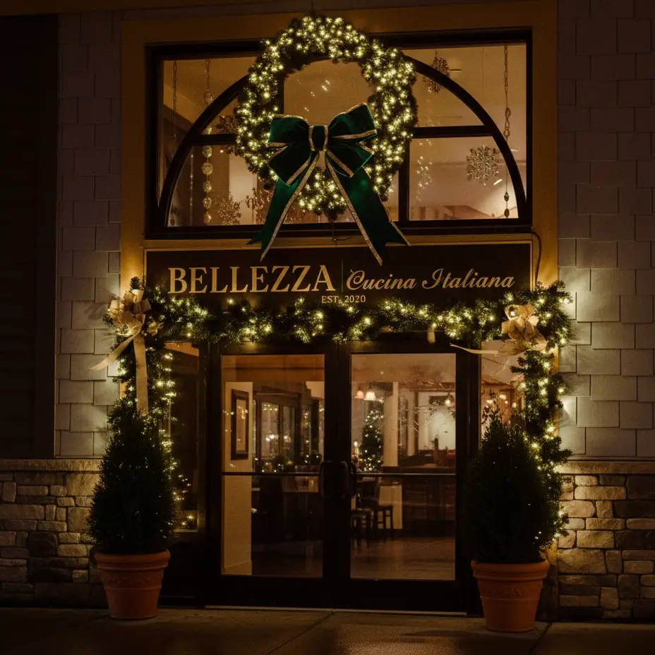 The sign and facade, a cozy, brightly-lit Italian restaurant. A couple is entering through the glass door.